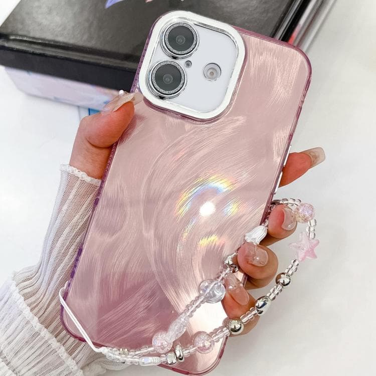 For iPhone 16 Plating Glitter Texture Chain Wristband TPU Phone Case with Lens Film(Pink Feather Yarn) - Immagine 1