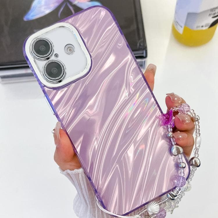 For iPhone 16 Plating Glitter Texture Chain Wristband TPU Phone Case with Lens Film(Purple Water Ripples) - Immagine 1