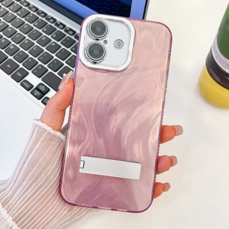 For iPhone 16 Plating Glitter Texture Fold Holder TPU Phone Case with Lens Film(Pink Feather Yarn) - Immagine 1