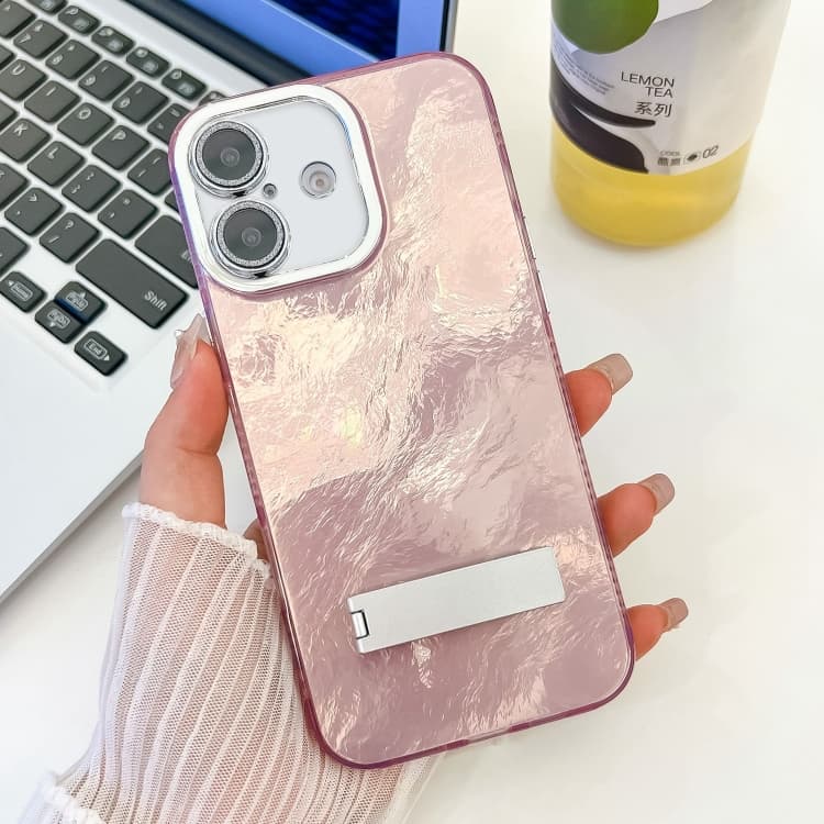 For iPhone 16 Plating Glitter Texture Fold Holder TPU Phone Case with Lens Film(Pink Tinfoil Texture) - Immagine 1