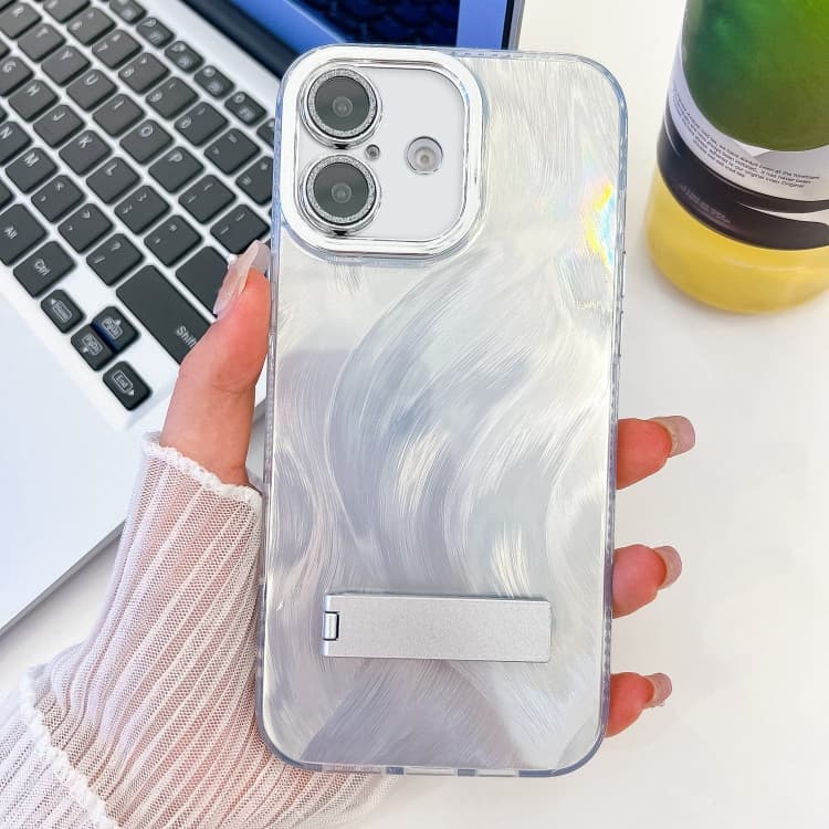 For iPhone 16 Plating Glitter Texture Fold Holder TPU Phone Case with Lens Film(White Feather Yarn) - Immagine 1