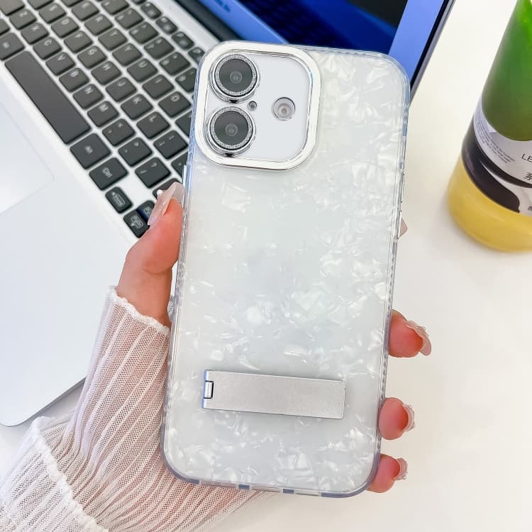 For iPhone 16 Plating Glitter Texture Fold Holder TPU Phone Case with Lens Film(White Shell Pattern) - Immagine 1