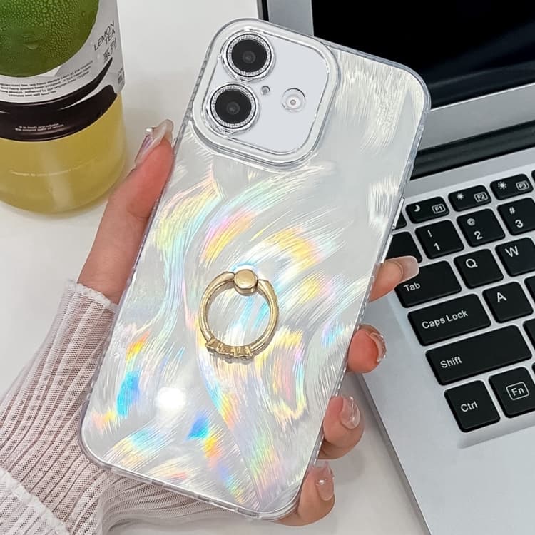 For iPhone 16 Plating Glitter Texture Ring Holder TPU Phone Case with Lens Film(White Feather Yarn) - Immagine 1