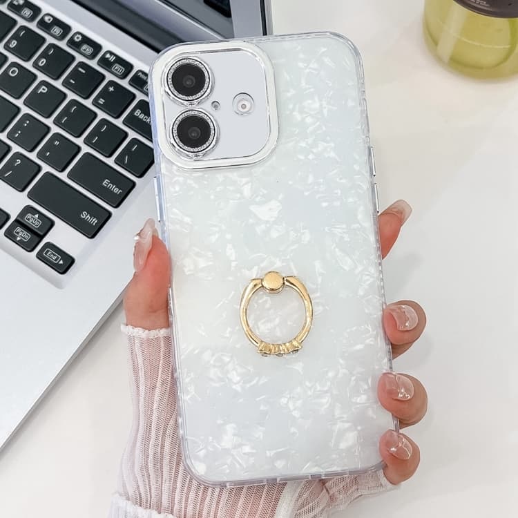 For iPhone 16 Plating Glitter Texture Ring Holder TPU Phone Case with Lens Film(White Shell Grain) - Immagine 1