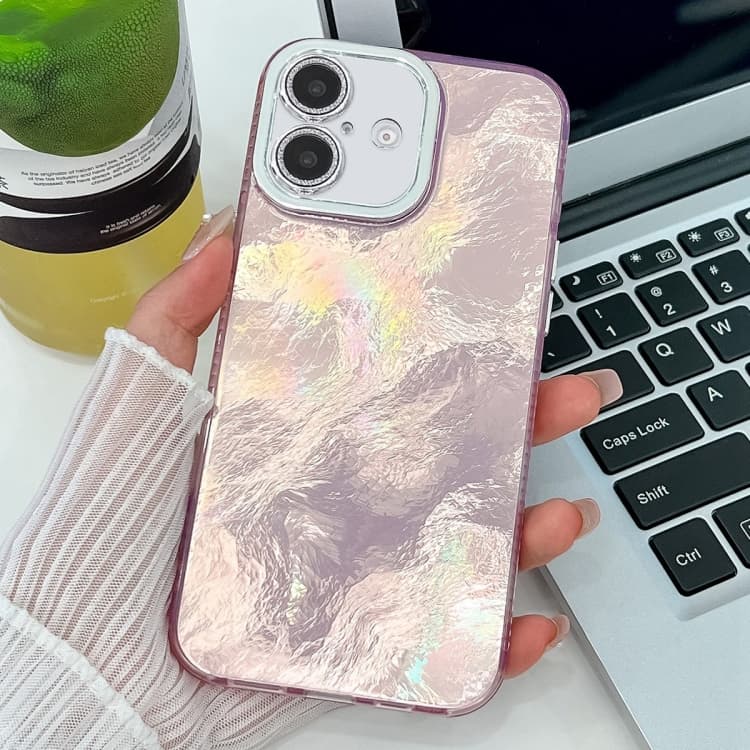 For iPhone 16 Plating Glitter Texture TPU Phone Case with Lens Film(Pink Tinfoil Texture) - Immagine 1
