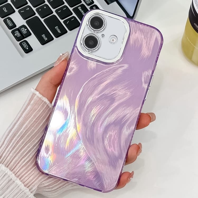 For iPhone 16 Plating Glitter Texture TPU Phone Case with Lens Film(Purple Feather Yarn) - Immagine 1