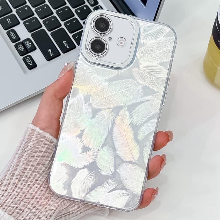 For iPhone 16 Plating Glitter Texture TPU Phone Case with Lens Film(White Feathers) - Immagine 1
