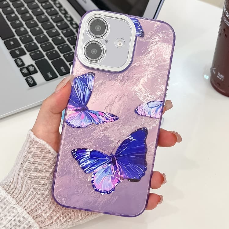 For iPhone 16 Plating Texture Butterfly TPU Phone Case with Glitter Lens Film(Purple Butterflies HU4) - Immagine 1