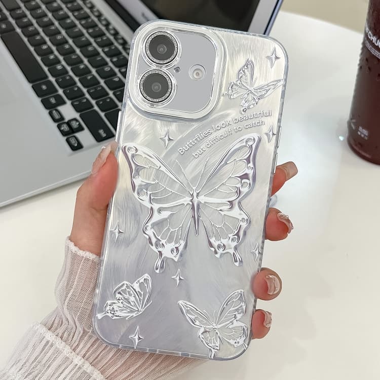 For iPhone 16 Plating Texture Butterfly TPU Phone Case with Glitter Lens Film(Silver Butterflies HU6) - Immagine 1