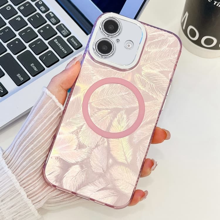 For iPhone 16 Plating Texture MagSafe TPU Phone Case with Glitter Lens Film(Pink Feathers) - Immagine 1