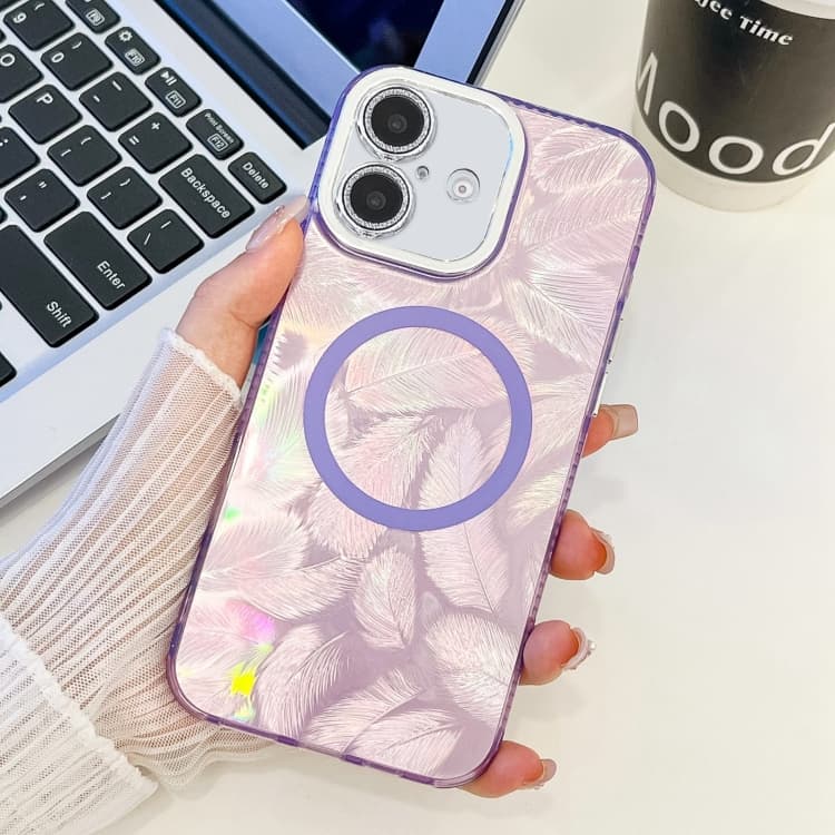 For iPhone 16 Plating Texture MagSafe TPU Phone Case with Glitter Lens Film(Purple Feathers) - Immagine 1
