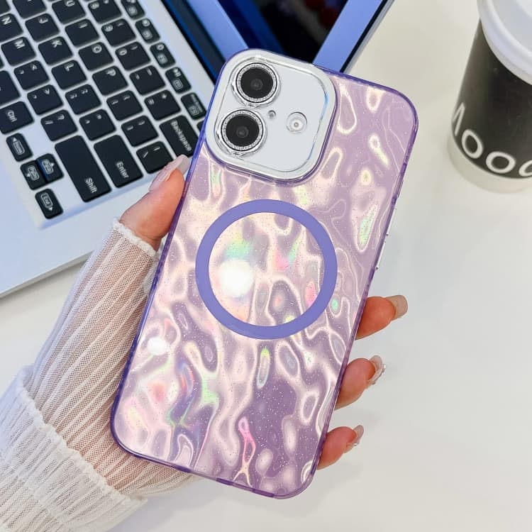 For iPhone 16 Plating Texture MagSafe TPU Phone Case with Glitter Lens Film(Purple Wrinkles) - Immagine 1