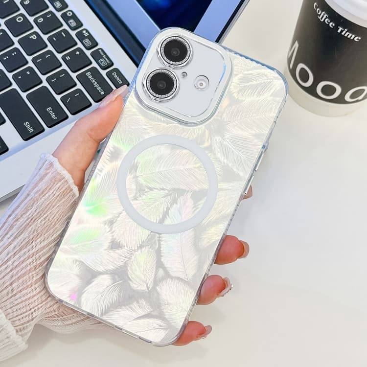 For iPhone 16 Plating Texture MagSafe TPU Phone Case with Glitter Lens Film(White Feathers) - Immagine 1