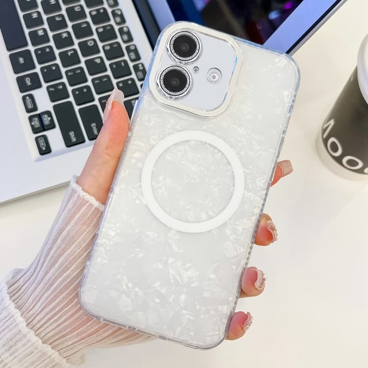 For iPhone 16 Plating Texture MagSafe TPU Phone Case with Glitter Lens Film(White Shell Pattern) - Immagine 1