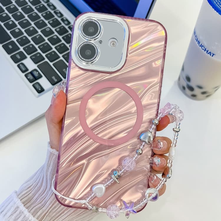 For iPhone 16 Plating Texture Wristband MagSafe TPU Phone Case with Glitter Lens Film(Pink Water Ripples) - Immagine 1