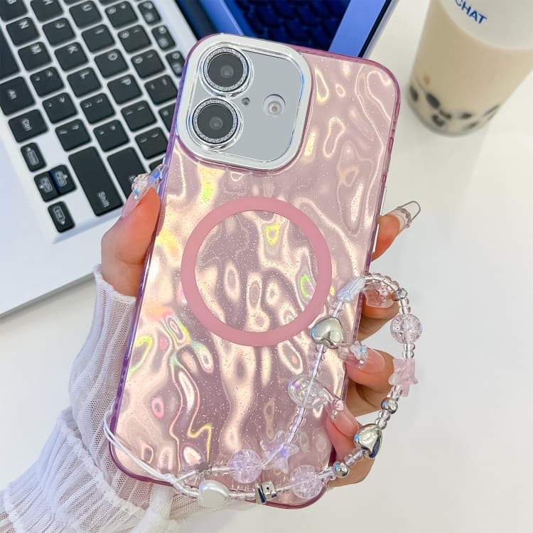For iPhone 16 Plating Texture Wristband MagSafe TPU Phone Case with Glitter Lens Film(Pink Wrinkles) - Immagine 1