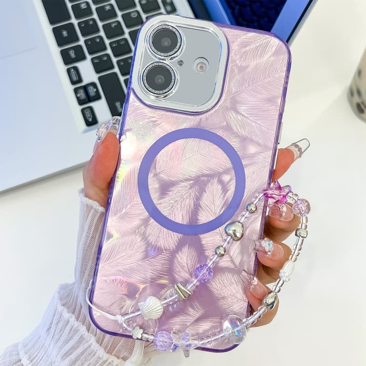 For iPhone 16 Plating Texture Wristband MagSafe TPU Phone Case with Glitter Lens Film(Purple Feathers) - Immagine 1
