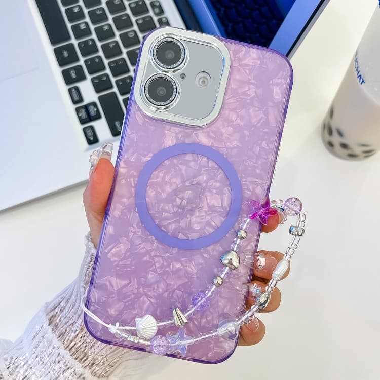 For iPhone 16 Plating Texture Wristband MagSafe TPU Phone Case with Glitter Lens Film(Purple Shell Pattern) - Immagine 1