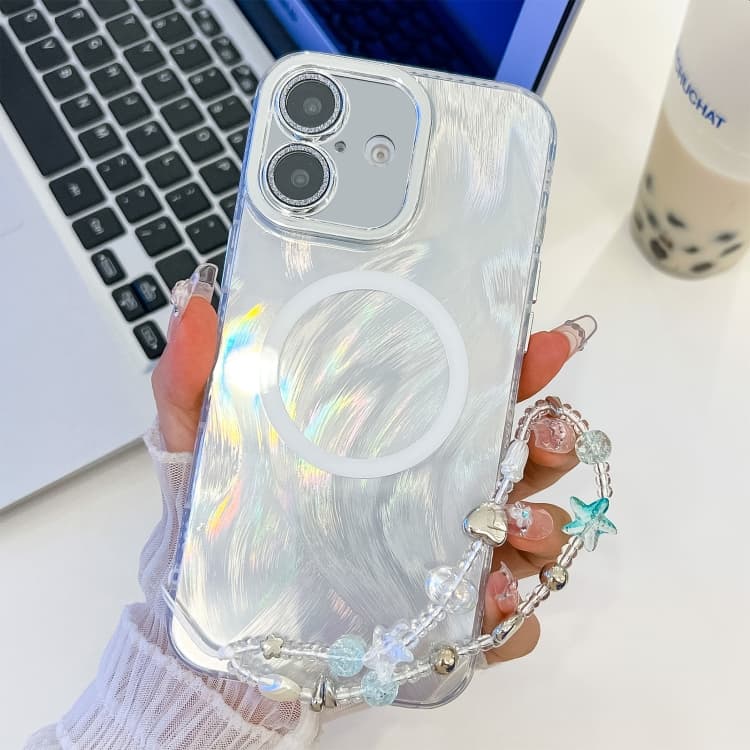 For iPhone 16 Plating Texture Wristband MagSafe TPU Phone Case with Glitter Lens Film(White Feather Yarn) - Immagine 1
