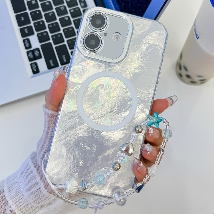 For iPhone 16 Plating Texture Wristband MagSafe TPU Phone Case with Glitter Lens Film(White Tinfoil Texture) - Immagine 1