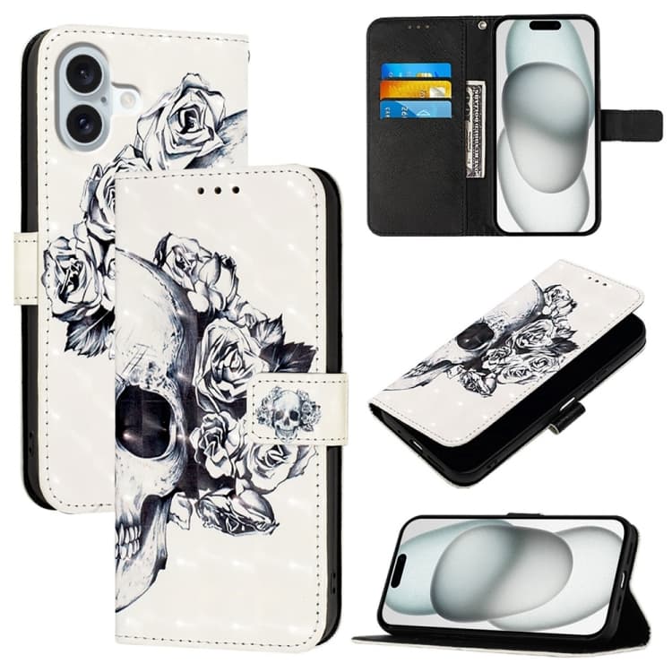 Custodia in pelle per iPhone 16 Plus con stampa 3D e ribaltamento orizzontale (Teschio) - Immagine 1