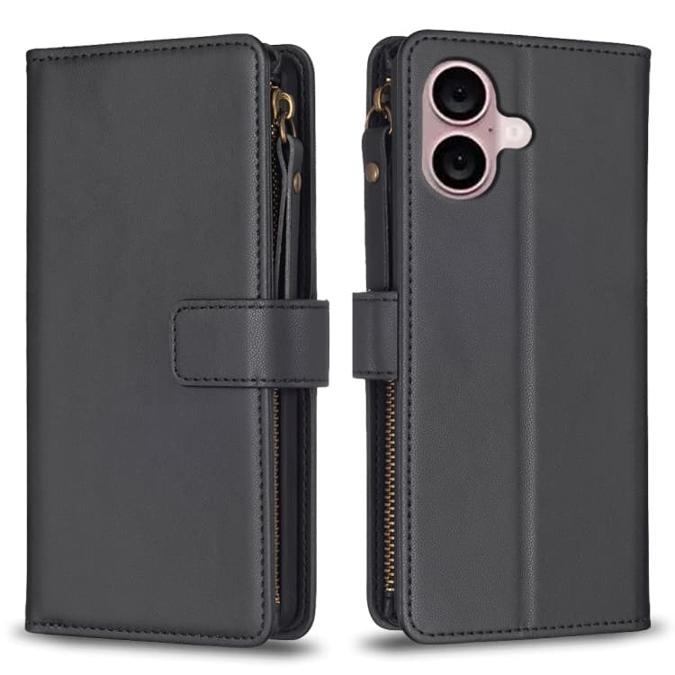 For iPhone 16 Plus 9 Card Slots Zipper Wallet Leather Flip Phone Case(Black)