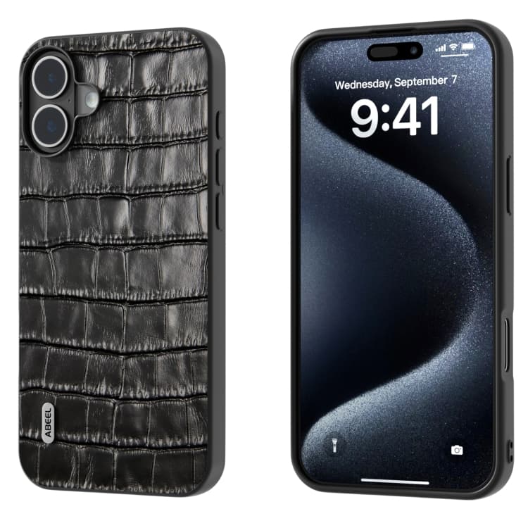 Per iPhone 16 Plus ABEEL Custodia in pelle genuina con texture coccodrillo (Nero) - Immagine 1