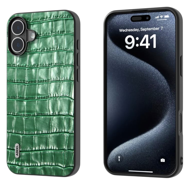 Per iPhone 16 Plus ABEEL Custodia in pelle genuina con texture coccodrillo (Verde) - Immagine 1