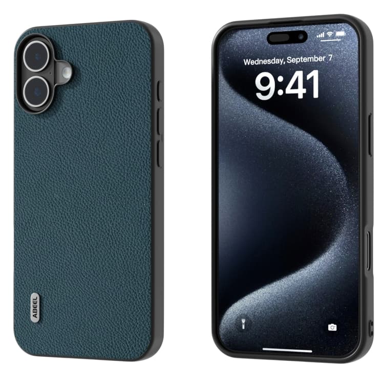 Custodia in pelle genuina ABEEL + texture litchi in PC per iPhone 16 Plus (Verde) - Immagine 1