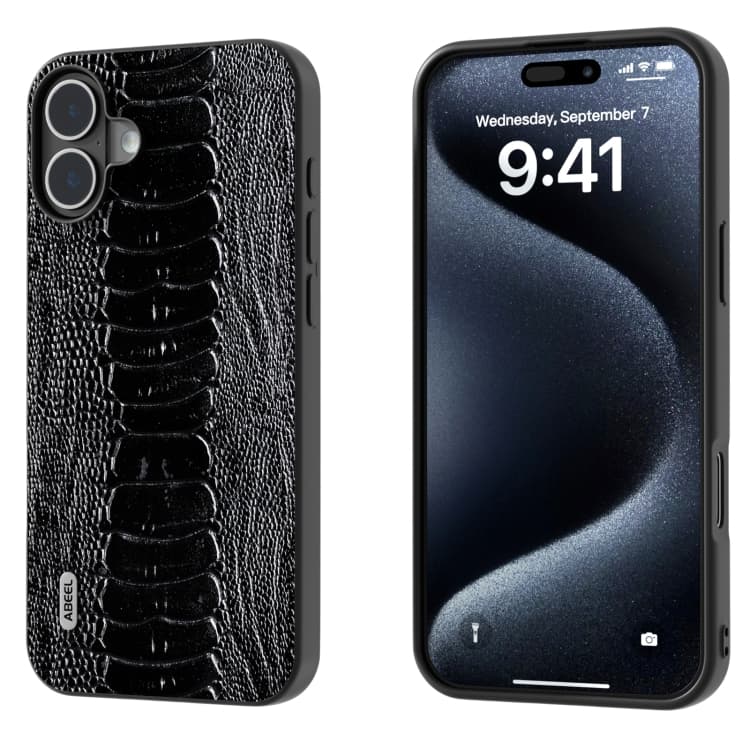 Per iPhone 16 Plus ABEEL Custodia in Pelle Genuina Serie Weilai (Nero) - Immagine 1