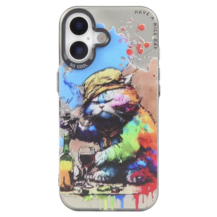 For iPhone 16 Plus Animal Pattern Oil Painting Series PC + TPU Phone Case(Drinking Cat) - Immagine 1