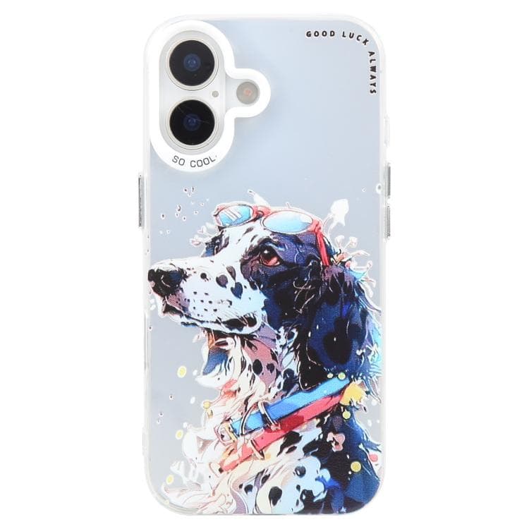 For iPhone 16 Plus Animal Pattern Oil Painting Series PC + TPU Phone Case(Spotted Dog) - Immagine 1
