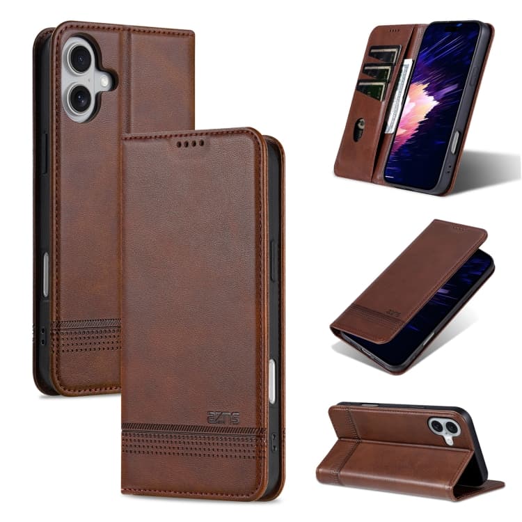 For iPhone 16 Plus AZNS Magnetic Calf Texture Flip Leather Phone Case(Dark Brown) - Immagine 1