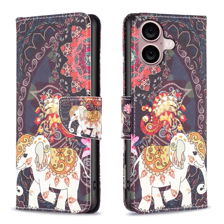 Fodero in pelle con motivo disegnato a colori per iPhone 16 Plus (Elefante con fiori) - Immagine 1