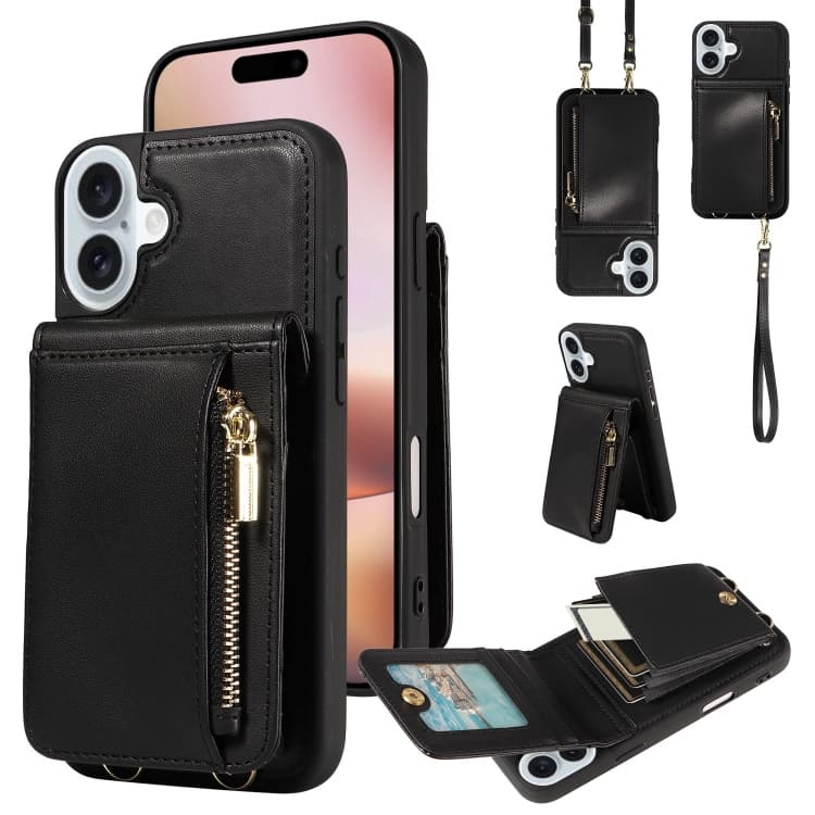 Custodia in pelle per iPhone 16 Plus con laccetto a tracolla e portafoglio con cerniera (Nero) - Immagine 1