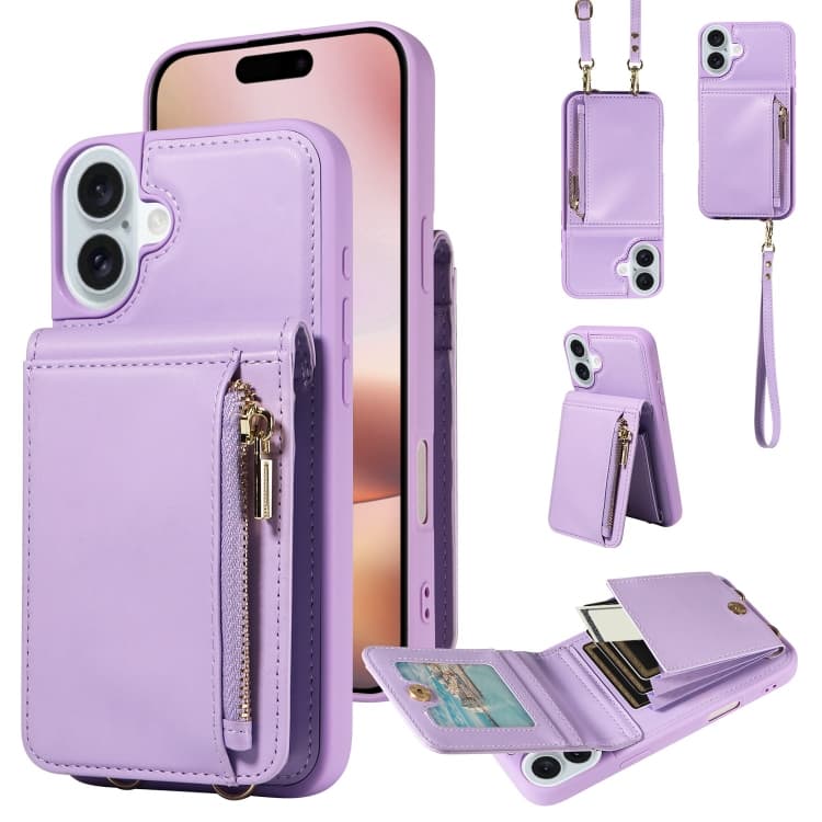 Custodia in pelle per iPhone 16 Plus con laccetto a tracolla e portafoglio con cerniera (Viola) - Immagine 1