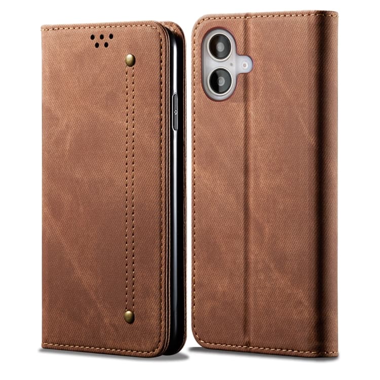 Custodia in pelle con texture denim, stile casual, orizzontale a ribalta per iPhone 16 Plus (Marrone) - Immagine 1