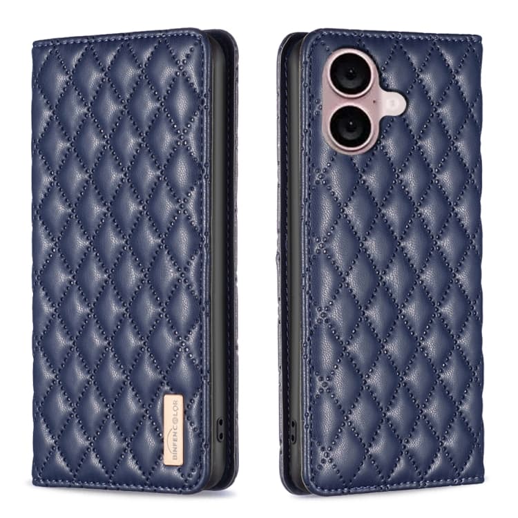 Custodia in pelle magnetica a rombi per iPhone 16 Plus (Blu) - Immagine 1