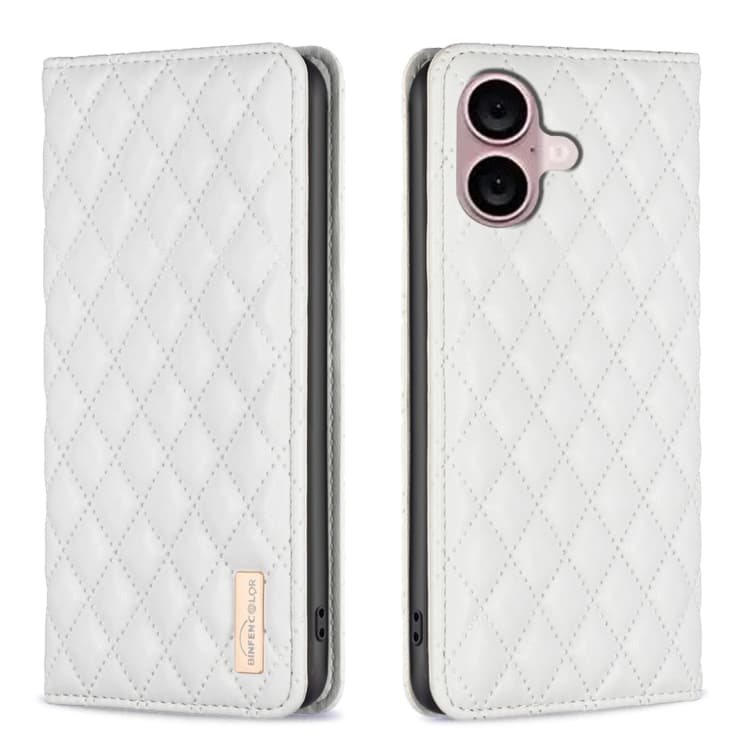 Custodia in pelle magnetica a rombi per iPhone 16 Plus (Bianca) - Immagine 1