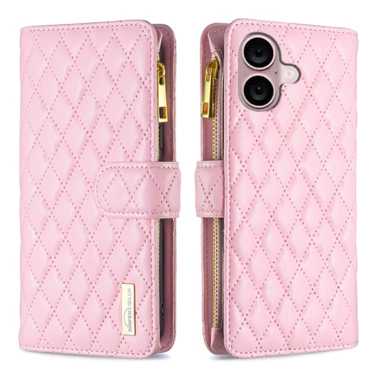 Per iPhone 16 Plus Portafoglio con Cerniera a Rombi in Pelle Custodia Flip con Cinghia (Rosa) - Immagine 1