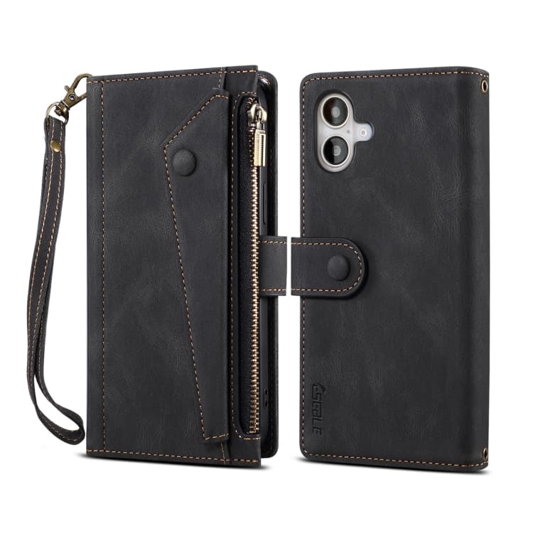 Fodero in pelle Flip retrò smerigliato con protezione RFID per iPhone 16 Plus (Nero) - Immagine 1