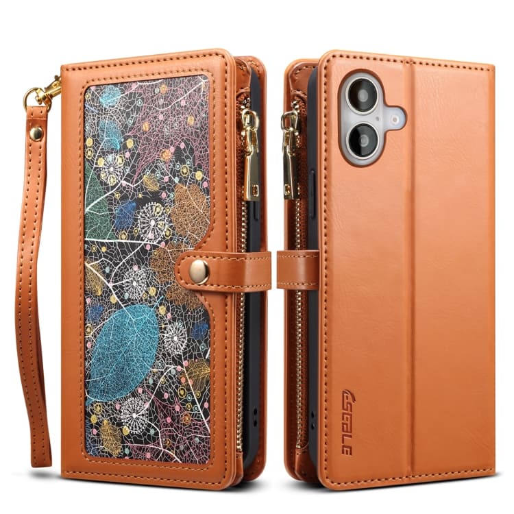 Custodia in pelle con cerniera, portafoglio e laccetto per iPhone 16 Plus, serie Star, RFID (marrone) - Immagine 1