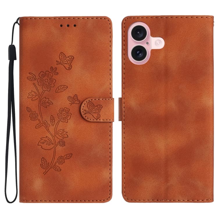 For iPhone 16 Plus Flower Butterfly Embossing Pattern Leather Phone Case(Brown)