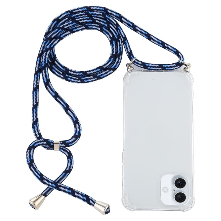 Custodia in TPU trasparente antiurto a quattro angoli con laccetto per iPhone 16 Plus (Blu Bianco) - Immagine 1