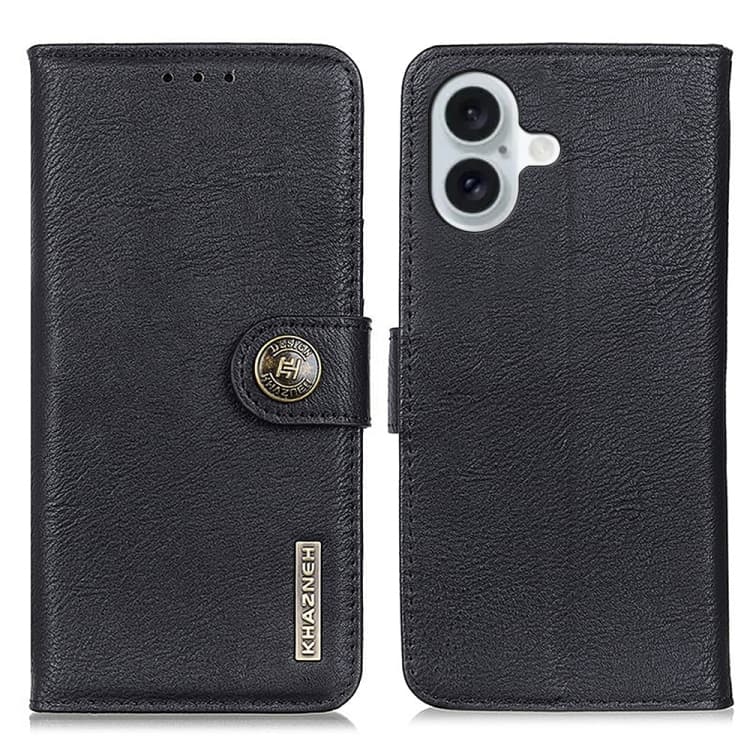 Per iPhone 16 Plus KHAZNEH Custodia in Pelle Orizzontale a Ribalta con Texture Pelle di Mucca (Nero) - Immagine 1