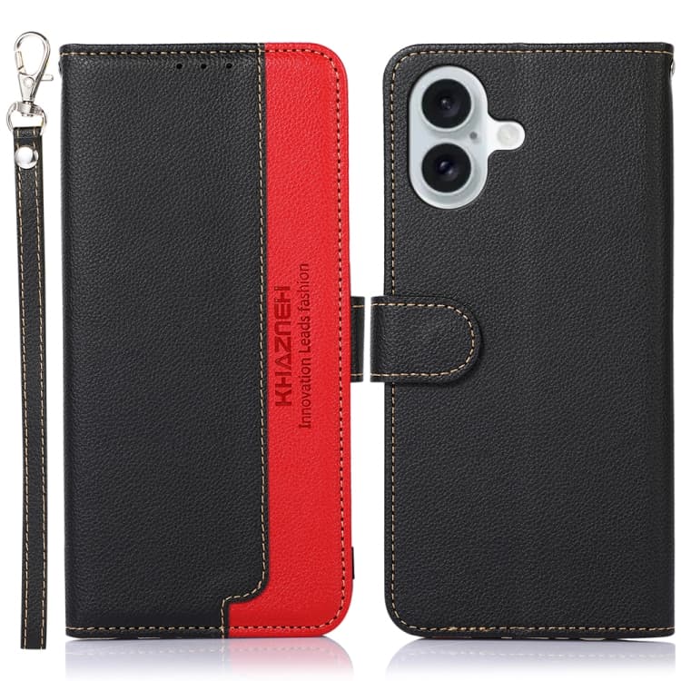 Custodia in pelle con texture Litchi KHAZNEH con protezione RFID per iPhone 16 Plus (Nero) - Immagine 1