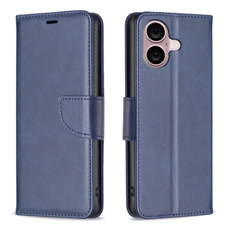 Custodia in pelle flip per iPhone 16 Plus, texture in pelle d'agnello, colore puro (Blu) - Immagine 1