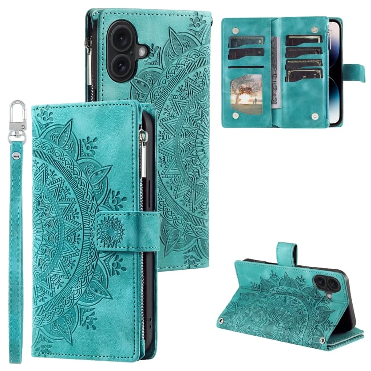 For iPhone 16 Plus Multi-Card Totem Zipper Leather Phone Case(Green) - Immagine 1