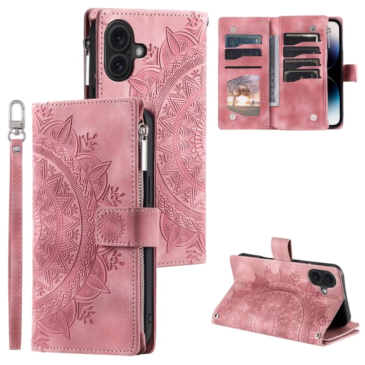 For iPhone 16 Plus Multi-Card Totem Zipper Leather Phone Case(Pink) - Immagine 1