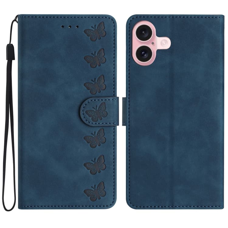 For iPhone 16 Plus Seven Butterflies Embossed Leather Phone Case(Blue)